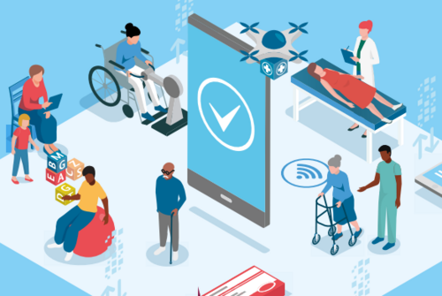 Personen im Gesundheitswesen mit digitalen Anwendungen